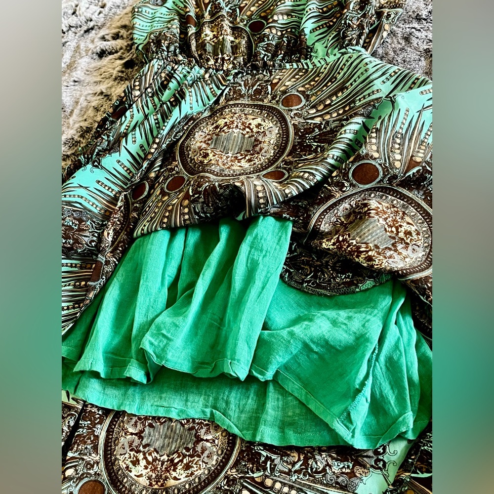 EUC Earthbound Trading Co. Teal & Feather Patterned Mini Dress Pockets Medium - Picture 13 of 14